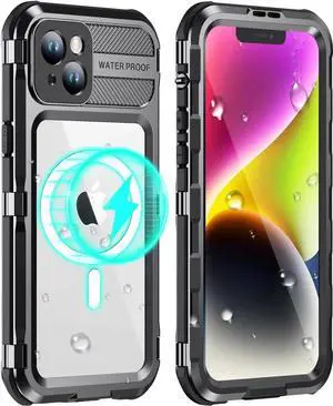 Waterproof Case for iPhone 15 6.1 inch, Built-in [Screen Protector] [IP68 Water Proof] [14FT Military Grade Shockproof], Metal Full Body Aluminum Protective Drop Protection Cover for iPhone 15 6.1"