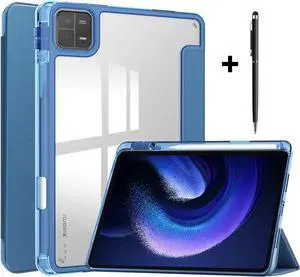 Protective Case for Xiaomi Mi Pad 6 / 6 Pro 11 Inch 2023 with S Pen Holder, Universal Stylus Pen,Transparent Hard Shell Back Trifold Smart Stand Cover Blue