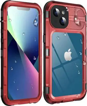 iPhone 13 Waterproof Metal Case with Built-in Screen Protector [15FT Military Grade Shockproof][IP68 Water Proof], Full Body Aluminum Protective Drop Protection Cover for iPhone 13 6.1 inch Red