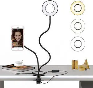 Selfie Ring Light with Cell Phone Holder Stand for Live Stream / Makeup, Clip Lazy Bracket for iPhone / Android, [3-Light Mode] [10-Level Brightness] LED Desk Lamp for Kitchen, Bedroom