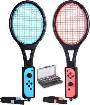 Tennis Racket for Nintendo Switch Joy-Con, Game Accessories for Mario Tennis Aces Game with 12 in 1 Game Card Case (2 Pack, Black)
