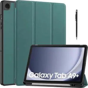 Case for Samsung Galaxy Tab A9 Plus 11 Inch 2023 SM-X210/X215/X216/X218, Slim Smart Stand Cover Protective Cover with Pencil Holder, Stand, Universal Stylus Pen Dark Green