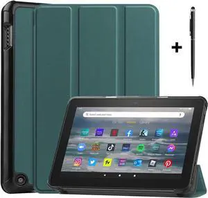 Case for All New Amazon Fire 7 inch Tablet (12th Generation, 2022 Released) - Lightweight Tri-fold Stand Auto Wake/Sleep Folio Stand Cover with Universal Stylus Pen Dark Green