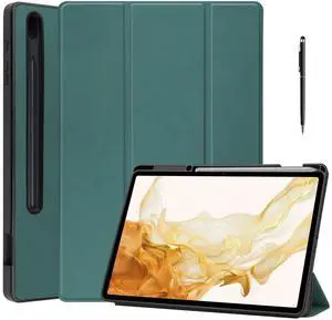 Case for Samsung Galaxy Tab S8 Plus 2022 / S7 FE 2021 / S7 Plus 2020 12.4 inch, Slim Smart Stand Cover Protective Cover with Pencil Holder, Stand, Universal Stylus Pen Dark Green Dark Green