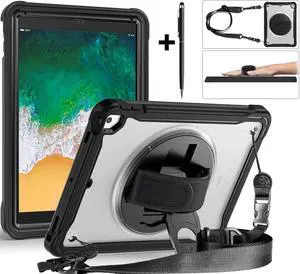 Case For iPad 6th 5th Generation, iPad 9.7 Inch 2018 2017, iPad Air 2, iPad Pro 9.7 Shcokproof Cover with Transparent Back, Pencil Holder, Rotating Stand, Hand/Shoulder Strap, Stylus Pen