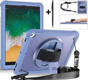 Case For iPad 6th 5th Generation, iPad 9.7 Inch 2018 2017, iPad Air 2, iPad Pro 9.7 Shcokproof Cover with Transparent Back, Pencil Holder, Rotating Stand, Hand/Shoulder Strap, Stylus Pen Lavender