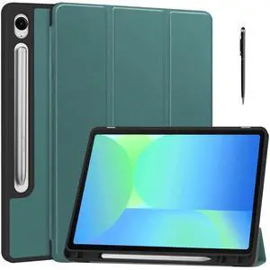 Case for Samsung Galaxy Tab S10 FE / S9 FE 10.9 Inch, Slim Smart Cover Lightweight Hard Shell Protective Cover with Multi-Angle Stand, Universal Stylus Pen Dark Green