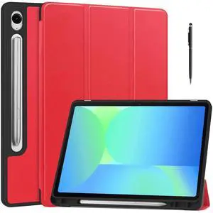 Case for Samsung Galaxy Tab S10 FE / S9 FE 10.9 Inch, Slim Smart Cover Lightweight Hard Shell Protective Cover with Multi-Angle Stand, Universal Stylus Pen Red