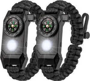 2 Packs Survival Paracord Bracelet with Compass Fire Starter LED Light SOS Emergency Knife Whistle for Outdoor Camping Hiking Travel