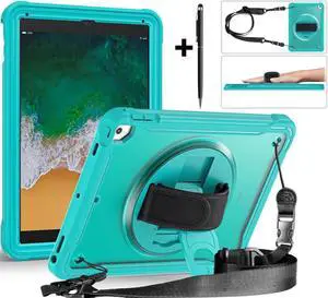 Case For iPad 6th 5th Generation, iPad 9.7 Inch 2018 2017, iPad Air 2, iPad Pro 9.7 Shcokproof Cover with Transparent Back, Pencil Holder, Rotating Stand, Hand/Shoulder Strap, Stylus Pen Light Blue