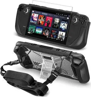 Full Protective Shockproof Case for Steam Deck, Back Shell Case Cover Compatible with Steam Deck with Foldable Kickstand, Screen Protector, Shoulder Strap