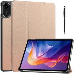 Case for Xiaomi Redmi Pad 2 11 inch 2025, Tri fold Slim Hard Shell Smart Protective Cover with Multi-Angle Stand, Auto Sleep/Wake, Universal Stylus Pen Rose Gold