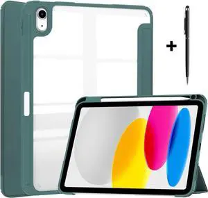 Case for New iPad 10th Generation 10.9 Inch 2022 with Pencil Holder / Universal Stylus Pen, Hybrid Slim Tri-fold Protective Stand Cover Smart Shell with Clear Back, Auto Wake/Sleep Dark Green