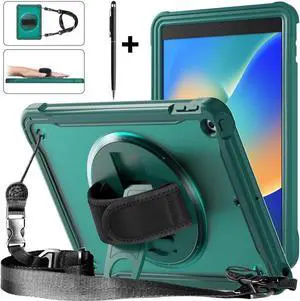 Case For iPad 9th 8th 7th Generation 10.2 inch 2021 2020 2019 Shcokproof Cover with Transparent Back, Pencil Holder, Rotating Stand, Hand/Shoulder Strap, Stylus Pen Dark Green