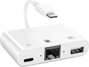 Lightning to RJ45 Adapter, 3 in 1 RJ45 Ethernet LAN Network Adapter with USB Camera Adapter and Charge Port Compatible with iPhone/iPad/iPod, Plug and Play, Supports 100Mbps Ethernet Network