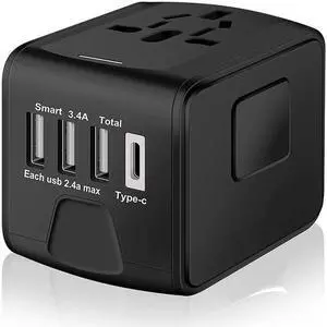 Universal International Travel Power Adapter W/ High Speed 2.4A USB, 3.0A Type-C Wall Charger, European Adapter, Worldwide AC Outlet Plugs Adapters for Europe, UK, US, AU, Asia-Black