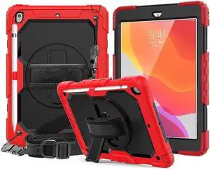 iPad 8th / 7th Generation Case Three Layer Drop Protection Cover with [360 Rotating Stand] Hand Strap & [Stylus Pencil Holder] for New iPad 8 Generation 2020 / iPad 7 Generation 10.2 inch 2019 Red
