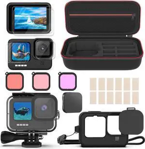 Accessories Kit for GoPro Hero 12 / Hero 10 / Hero 11 / Hero 9, Shockproof Small Carry Bag + Waterproof Housing Case + Tempered Glass Screen Protector + Silicone Cover + Snorkel Filter Bundle