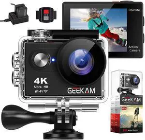 GeeKam Action Camera 4K WiFi Ultra HD Underwater 30M Waterproof 170° Wide Angle Lens Sports Camcorder with Remote Control 2 Rechargeable Batteries and Mounting Accessories Kit