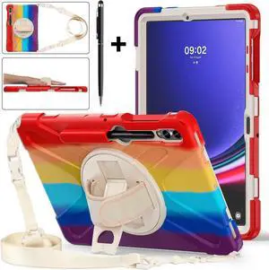 Protective Case for Samsung Galaxy Tab S9 Plus 2023 / S8 Plus 2022 / S7 FE 2021 / S7 Plus 2020 12.4 inch Tablet Shockproof Cover with 360 Degree Rotating Kickstand, Hand/Shoulder Strap Rainbow Red