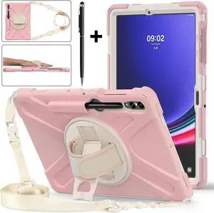 Protective Case for Samsung Galaxy Tab S9 Plus 2023 / S8 Plus 2022 / S7 FE 2021 / S7 Plus 2020 12.4 inch Tablet Shockproof Cover with 360 Degree Rotating Kickstand, Hand/Shoulder Strap Pink
