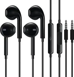 2 Pack Headphones Wired, Half in-Ear Wired Earbuds, Bass Stereo, Built-in Call Control Button Earphones, Compatible with MP4, MP3, iPhone 6, 6S, iPod, iPad, Android and All 3.5mm Plug Audio Devices