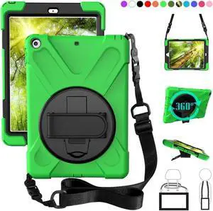 New iPad 9.7 2018 2017 Case 5th 6th Generation Three Layer Heavy Duty Soft Silicone Hard Bumper Case with Kickstand and Shoulder strap Shockproof Durable Rugged Case for New iPad 9.7 Inch 2018 2017