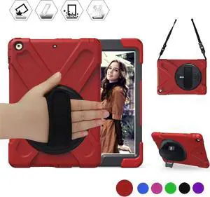 iPad Mini Case iPad Mini 1 2 3 Case Cover with 360 Degree Rotating Kickstand Hand Grip Strap Shoulder Strap ShockProof Rugged Hybrid Protective Case For Apple iPad Mini 1 2 3 Shell Red