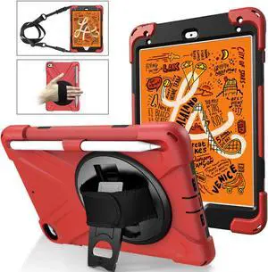 iPad Mini 5 Case 2019 iPad Mini 4 Case with Pencil Holder Shockproof 360 Degree Rotation Cover with Kickstand Hand Strap Shoulder Strip Protective Case for iPad Mini 5th iPad Mini 4th Generation Red