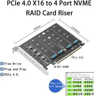 PCIE 4.0 NVME Adapter PCI Express x16 to 4 Port M.2 M-Key NVME SSD Expansion Card Riser Full Speed