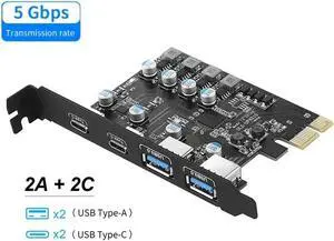Type C USB 3.2 Gen1 PCIE Card Hub USB 3.0 PCI Express Board 2*USB A Port+2*Type-C Port/USB3.2 GEN1 PCI-E Expansion Card Adapter