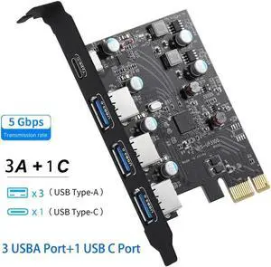 Type C USB 3.2 Gen1 PCIE Card Hub USB 3.0 PCI Express Board 2*USB A Port+2*Type-C Port/USB3.2 GEN1 PCI-E Expansion Card Adapter Grey