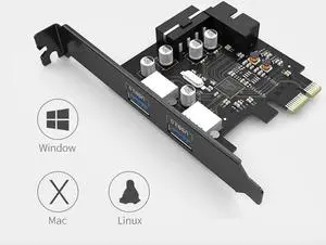 PCIE to 2 Port USB 3.0 PCI-e Internal 20Pin Adapter PCI Express 5.0Gbps 19Pin FL1100 chipset support WIN10 WIN8 MAC OS