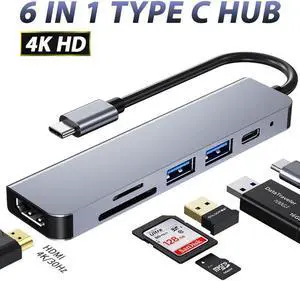 Type-C Usb Hub 6 In 1 Usb3.0 Otg Adapter 2 Usb C HDMI-compatible Tf Sd Solt Pd Charger Splitter for Macbook Laptops Usbc Hub