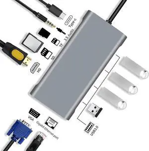 USB Hub 11 in 1 Type-c Splitter to USB Adapter VGA Card Reader Multiple Ports Dock Station USB