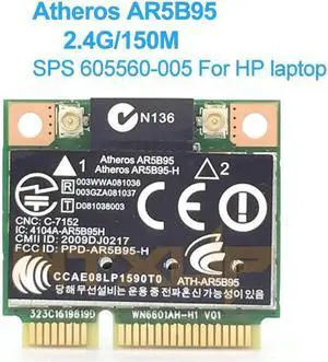 Atheros AR5B95 AR9285 802.11b/g/n Wireless Adapter Half Mini PCI-E Wifi Card SPS:605560-005 for HP G42 dv7 dv5 dv4