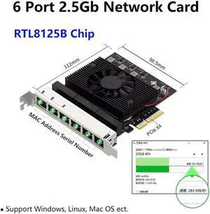 6 Port PCI Express Network Card PCIE X4 to 6 Ports RJ45 NIC RTL8125B Chip 10/100/1000M/2.5G Gigabit Ethernet Card for PC Desktop