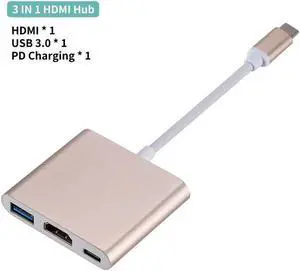 USB C To HDMI VGA Adapter Type-C Digital AV Multiport Adapter Thunderbolt 3 Converter To 4K 1080P Fast Charging Port Gold 3 Ports