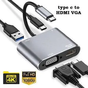 USB C To HDMI VGA Adapter Type-C Digital AV Multiport Adapter Thunderbolt 3 Converter To 4K 1080P Fast Charging Port
