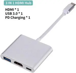USB C To HDMI VGA Adapter Type-C Digital AV Multiport Adapter Thunderbolt 3 Converter To 4K 1080P Fast Charging Port Silver 3 Ports