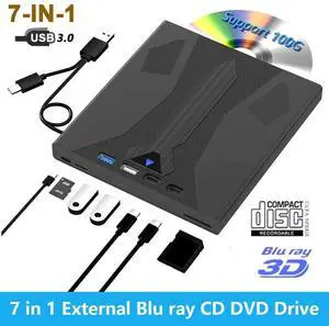 [7 in 1] External Blu Ray Drive, Support 100G Disc USB 3.0 and Type-C Blu Ray Burner Portable Blu Ray DVD/CD/BD Player, 3D Optical Bluray DVD Drive Compatible with Laptop Desktop Windows MacOS