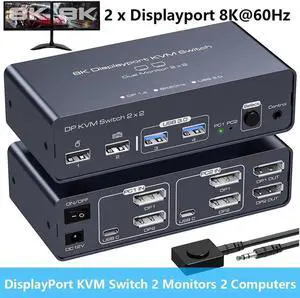DisplayPort KVM Switch 2 Monitors 2 Computers 8K@60HZ 4K@120Hz, Aluminum KVM Switch, Dual Monitor DP KVM Switcher 2 Monitors for 2 Computers Sharing 4 USB Devices with Desktop Controller