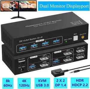 8K@60Hz Displayport KVM Switch 2 Monitors 2 Computers, USB 3.0 DP KVM switches for 2 computers share Dual monitors and 4 USB devices Support 4K@120Hz DP 1.4 with External Kit and 12V DC adapter