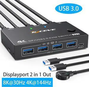 Displayport KVM Switch 2 Computers 1 Monitor, USB 3.0 KVM Switch Displayport 8K@30Hz 4K@144Hz, DP KVM Switch 2 PC 1 Monitor Share 4 USB 3.0 Devices Keyboard Mouse Monitor, with Wired Remote