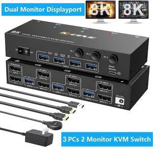 Dual Monitor Displayport KVM Switch, USB 3.0 Displayport KVM Switch 2 Monitors 3 Computers 8K@30Hz, KVM Switcher for 3 PC Share 2 Monitors and 4 USB 3.0 Devices,Wired Remote and Cables Included