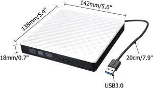 External DVD CD Driver, USB 3.0 Portable Slim Burner DVD+/-RW Writer Plug and Play DVD/CD-ROM Rewriter CD Player for PC Laptop, Notebook, Desktop Supports Mac OS, Windows 10/8/7/XP/Vista (White)
