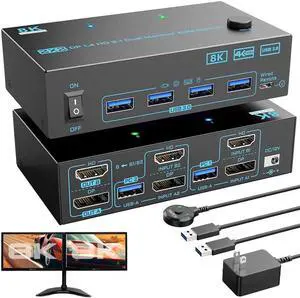 8K Displayport 1.4 + HDMI 2.1 Dual Monitor KVM Switch 2 Monitors 2 Computers, 2 in 2 Out 2 Ports HDMI + DP KVM Switches Support 8K@60Hz/4K@144Hz for 2 PCs Share 2 Screens and 4 USB 3.0 Devices
Limited