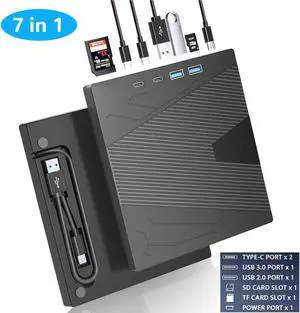 External CD DVD Drive, 7 in 1 Portable CD/DVD Drives +/-RW Optical Drive with SD/TF Card Reader USB 3.0 &USB-C CD Burner Compatible with Laptop Desktop PC Windows 7/8/10/11/XP Mac Pro/Air Linux