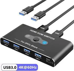 2 Port HDMI KVM Switch 2 in 1 Out, USB 3.0 and HDMI KVM Switch 4K@60Hz for 2 Computers Share 1 Monitor, 4 USB 3.0 Devices Such as Keyboard, Mouse, Printer