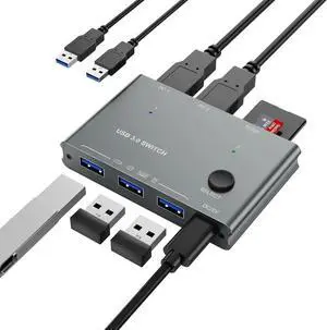 5Gbps USB 3.0 Switch 2 Computers Share 3 USB 3.0 Devices with TF Card Reading Function, USB 3.0 Switcher Selector for PC Laptop Keyboard Mouse Webcam USB-Microphone, with 2 USB A to A Cables